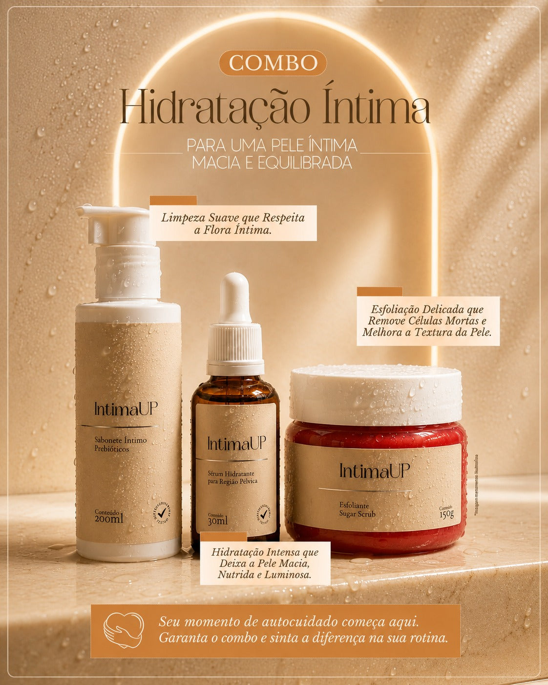 Combo Hidratação Íntima IntimaUP: Sabonete Íntimo 200ml, Sérum Hidratante 30ml e Esfoliante Sugar Scrub 150g